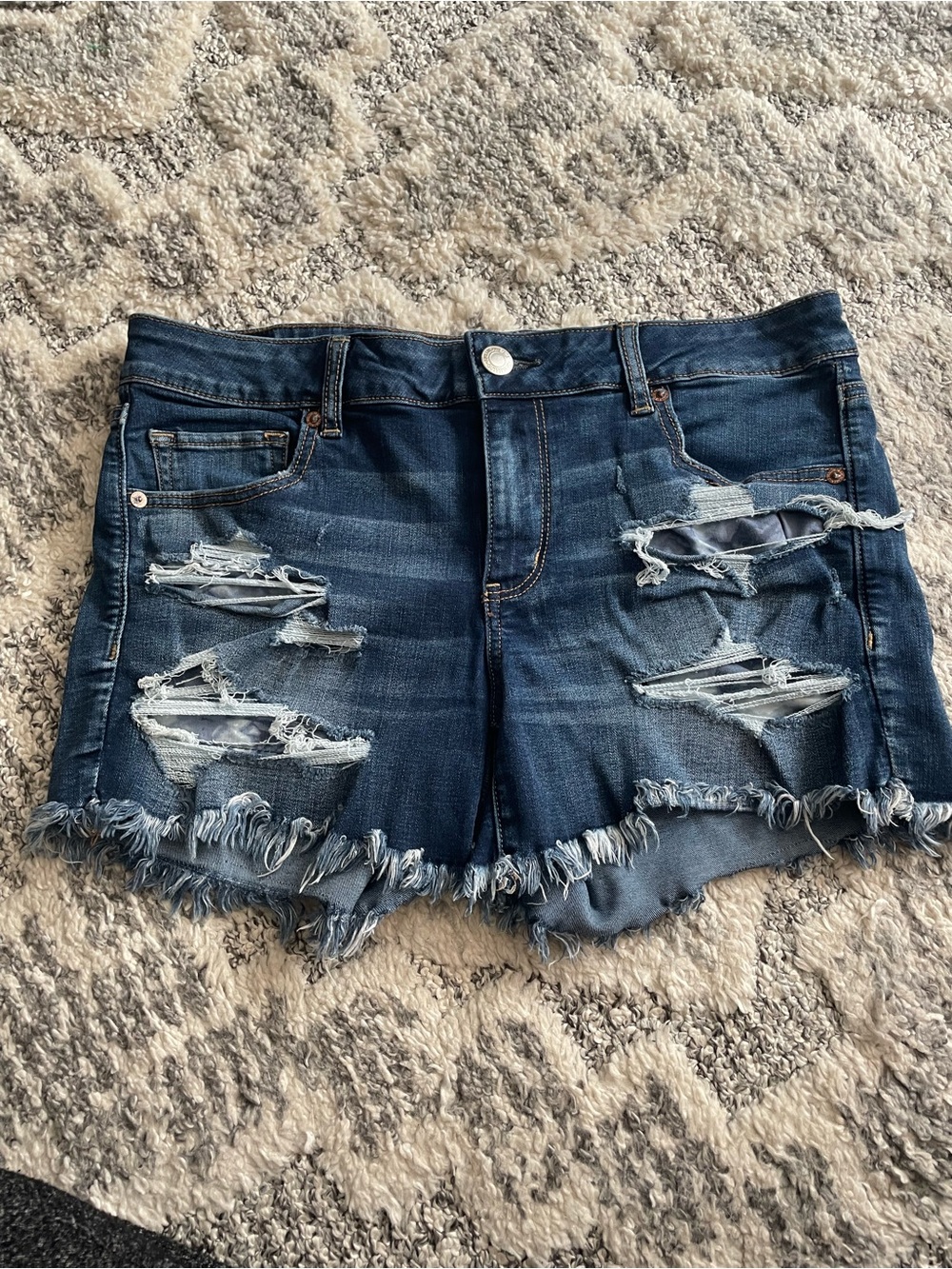 American Eagle Outfitters Dark Blue Distressed Denim Shorts with Frayed Hem